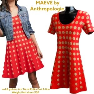 Anthropologie MAEVE Tonal Polka Dot knit A-line retro mini dress red & gold XSP